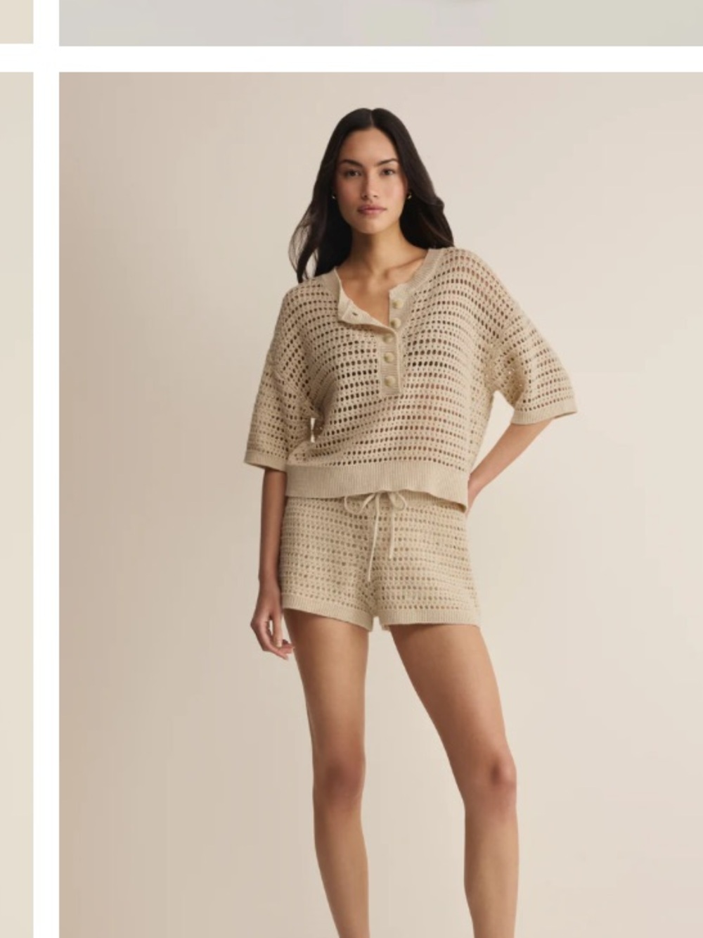 Z supply Beige Crochet Short Set - Casual Knit Top & Shorts set